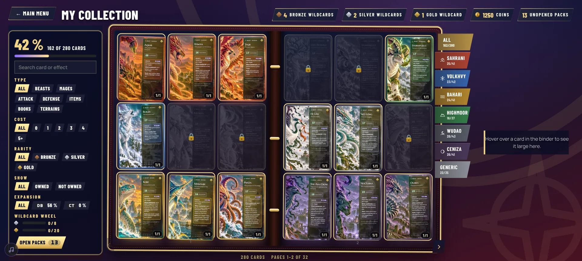 My Collection: beast cards in a binder, with filters by faction