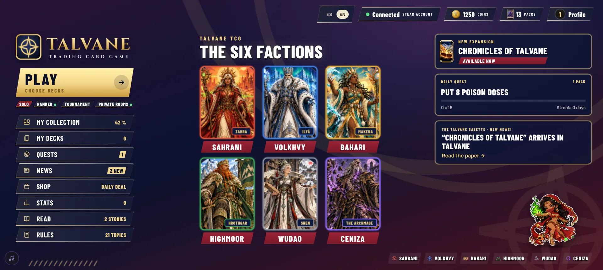 Main menu with the six faction leaders, the daily quest and The Talvane Gazette