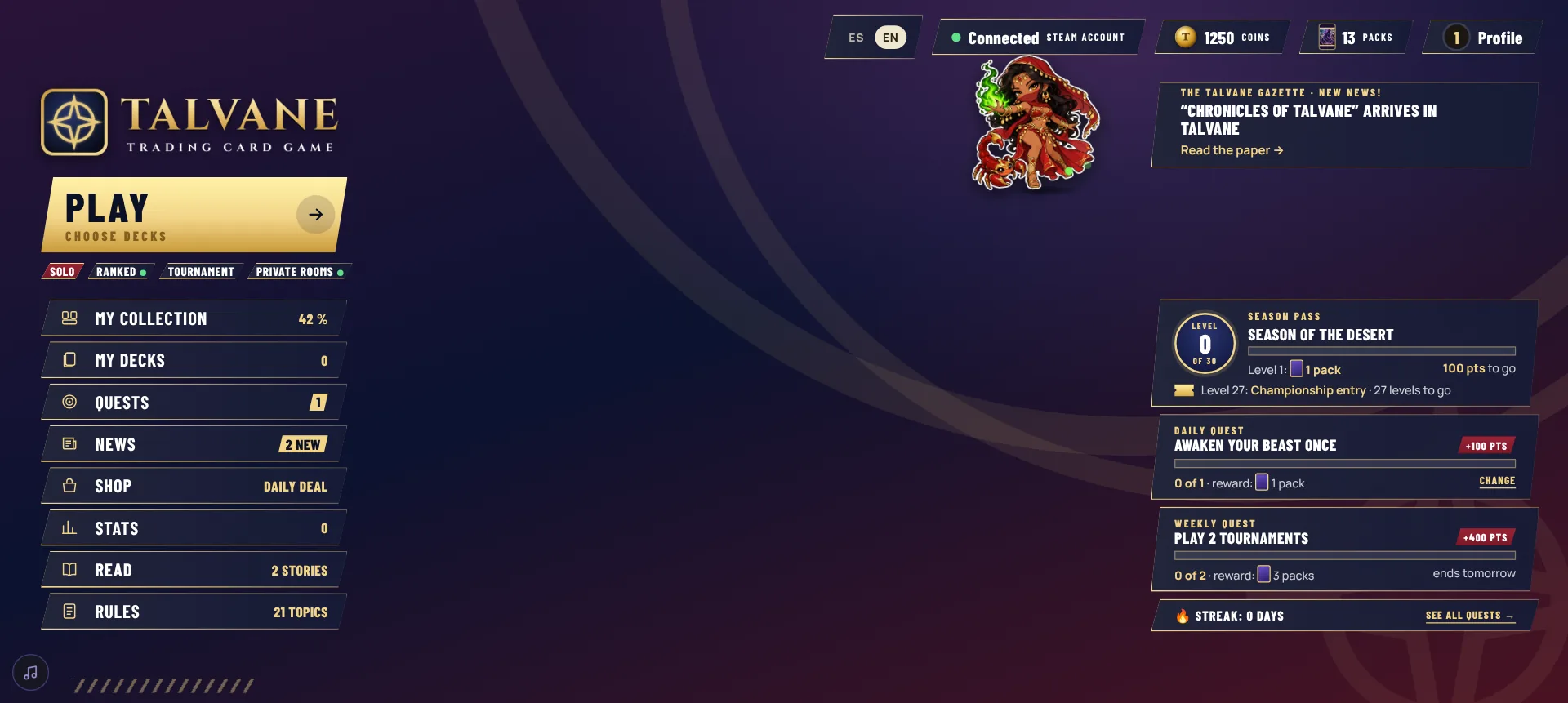 Main menu with the season pass, the daily and weekly quests and The Talvane Gazette