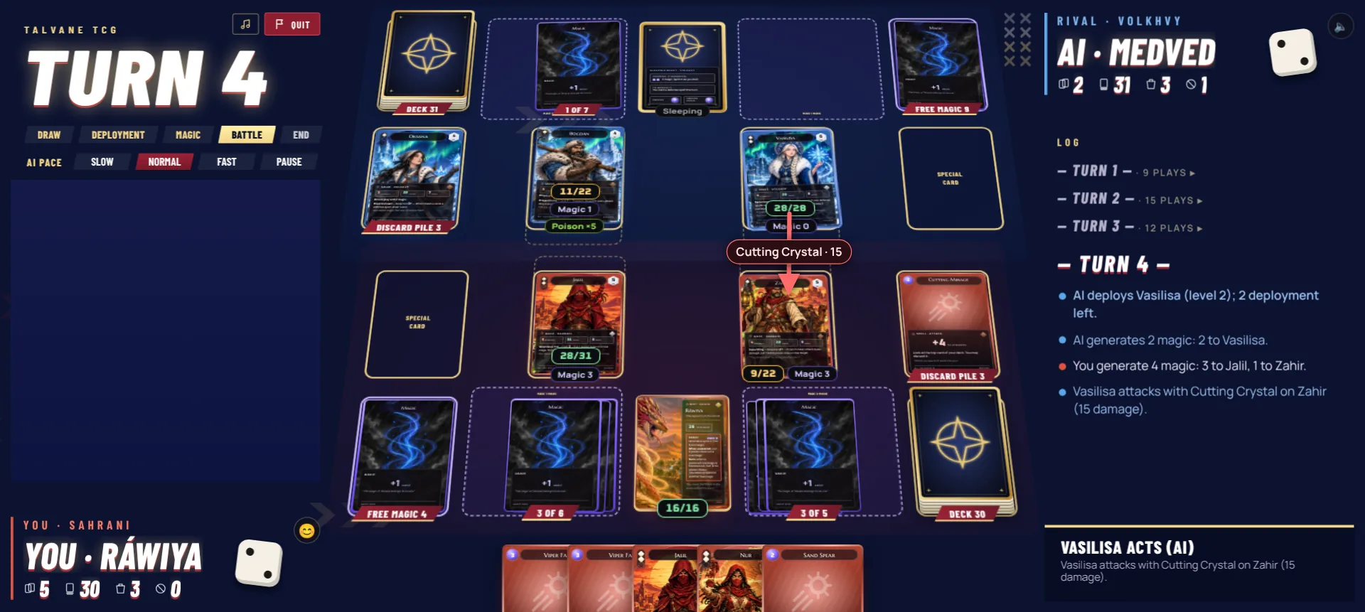 A match in progress: Sahrani mages against the Volkhvy, with an attack marked by an arrow and poison doses on a rival mage