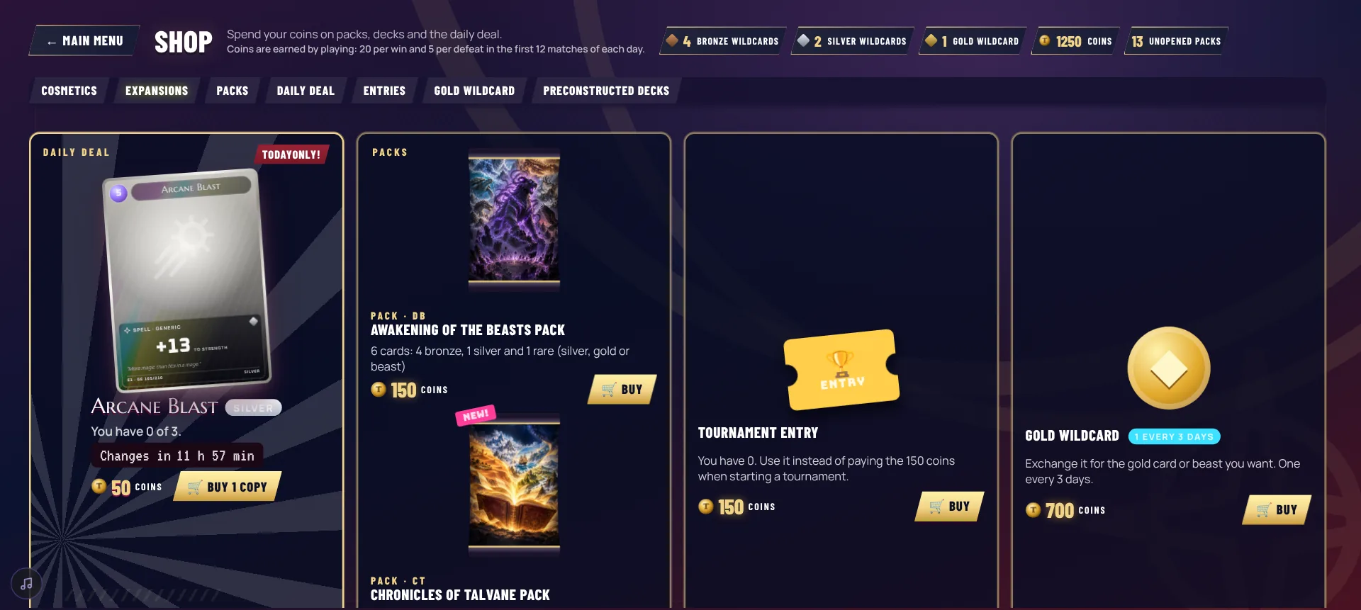 The shop with the daily deal, packs, tournament entries and the gold wildcard