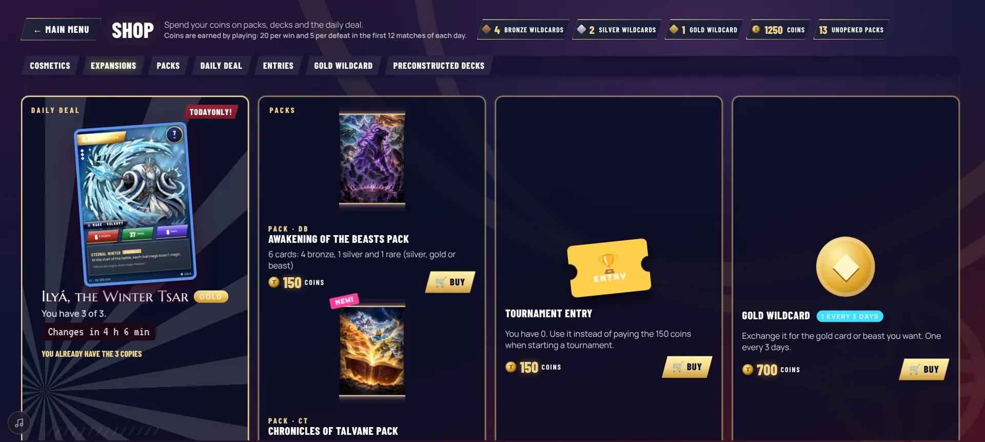 The shop with the daily deal, packs, tournament entries and the gold wildcard