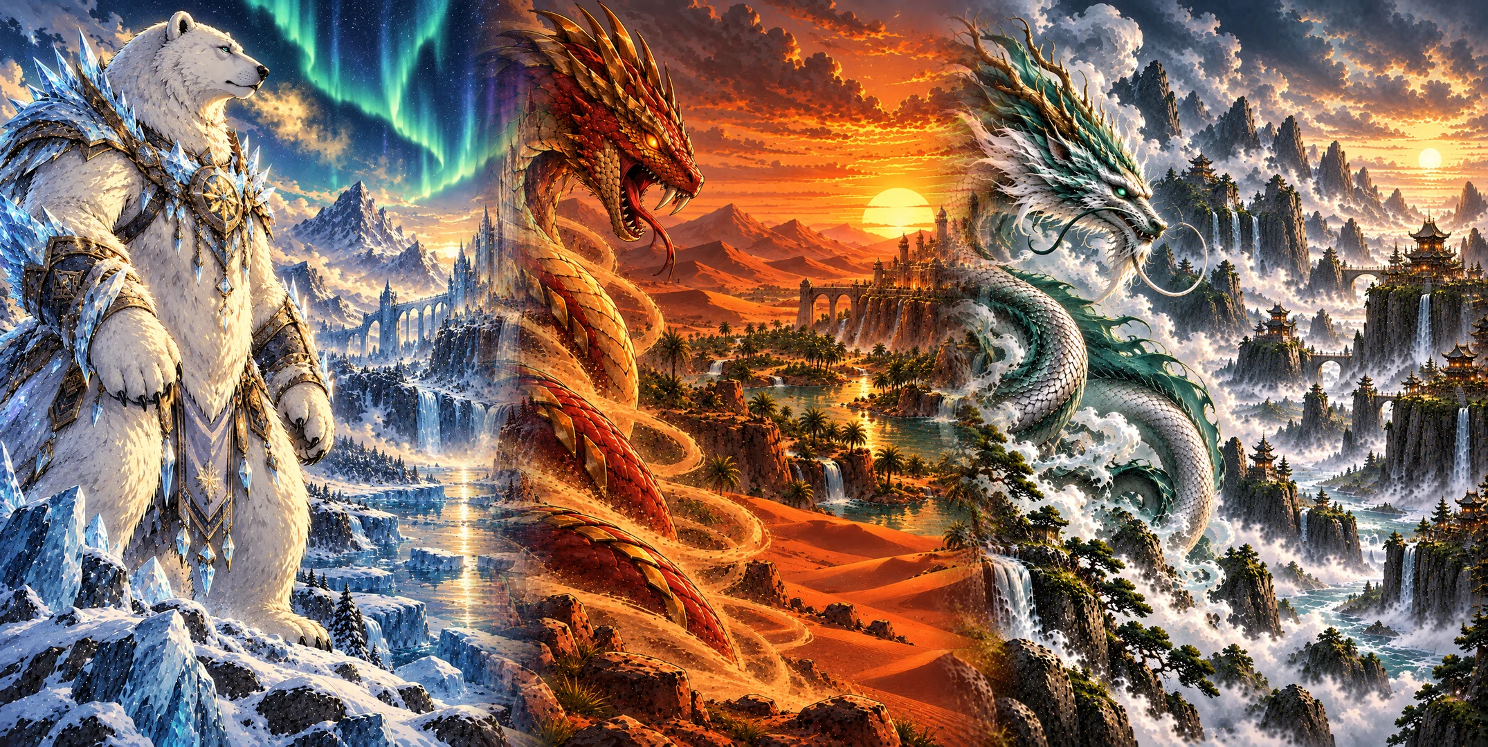 Three beasts of Talvane: Medved the armored white bear, Ráwiya the desert dragon and Wù Lóng the mist dragon